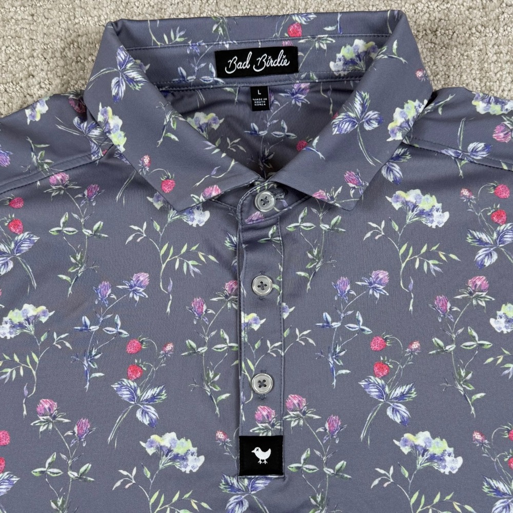 Bad Birdie Mens Large Gray Purple Floral Performance Golf Polo Shirt